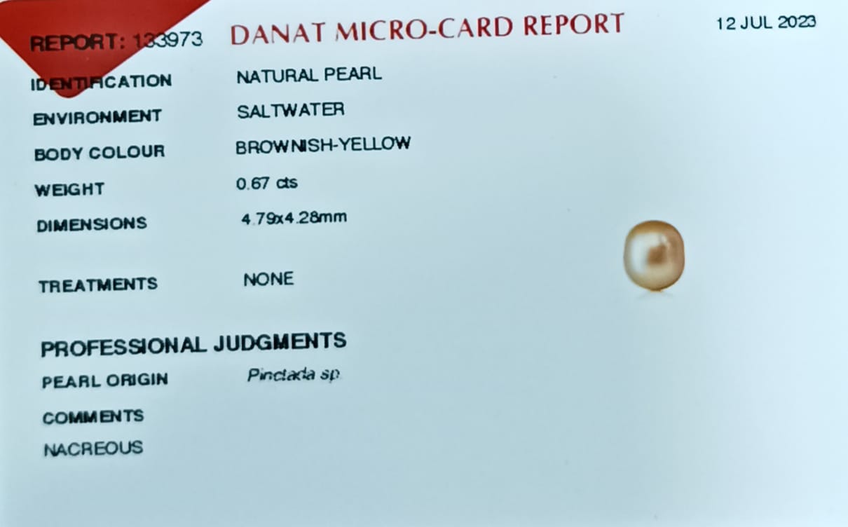 Real Natural Pearl 0.67 Carat Danat Lab Certified 133974/ Hirco Certificate No: 0500022467