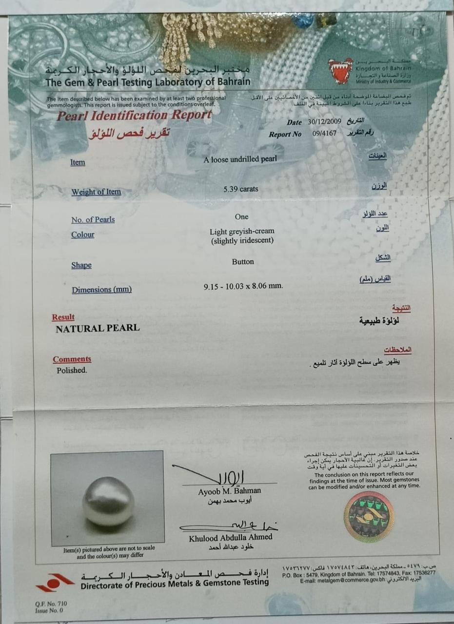 Real Natural Pearl 5.39 Carat Bahrain Lab Certified 09/4167