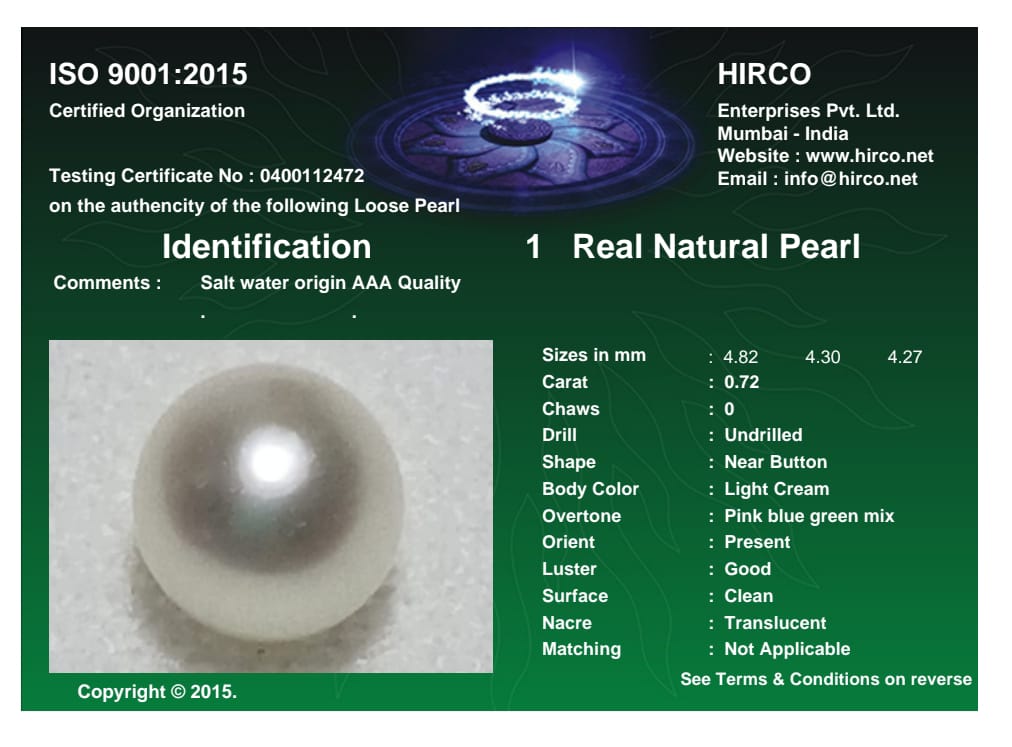 Real Natural Pearl 0.72 Carat Danat Lab Certified 134006/ Hirco Certificate No: 0400112472
