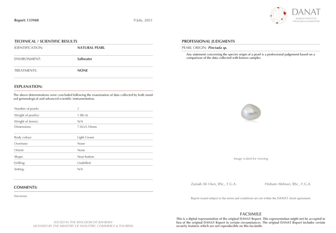 Real Natural Pearl 1.88 Carat Danat Lab Certified 133948/ Hirco Lab Certificate No: 05000082488