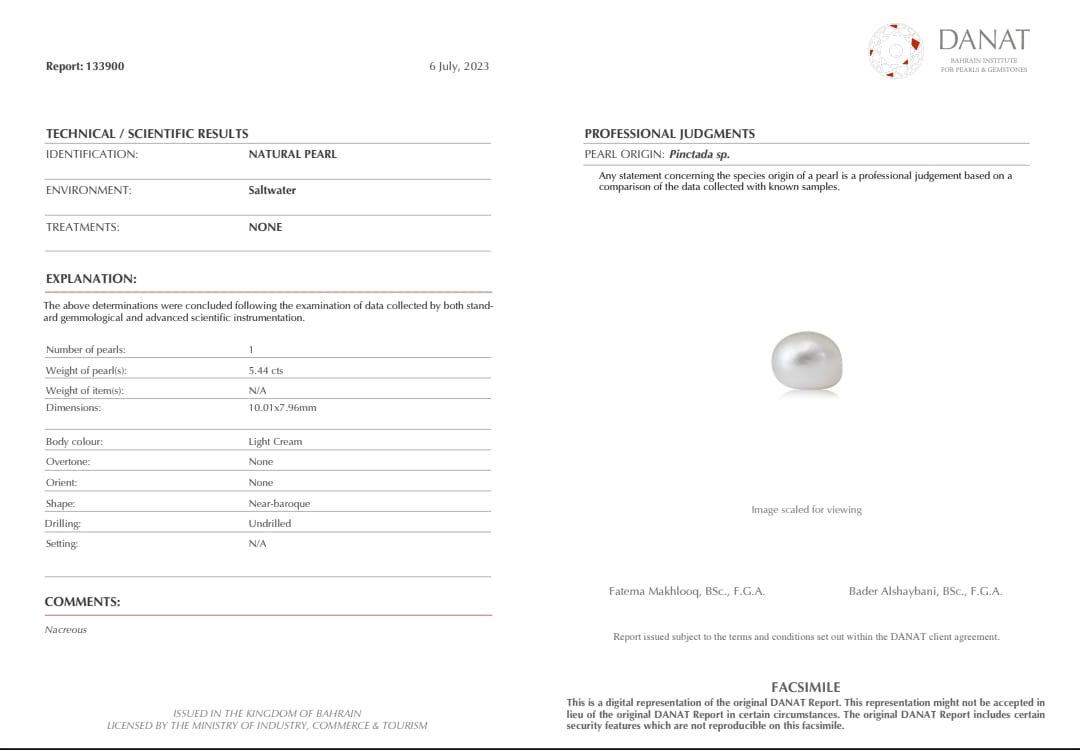 Real Natural Pearl 5.44 Carat Danat Lab Certified 133900/ Hirco Certificate No: 0400182444