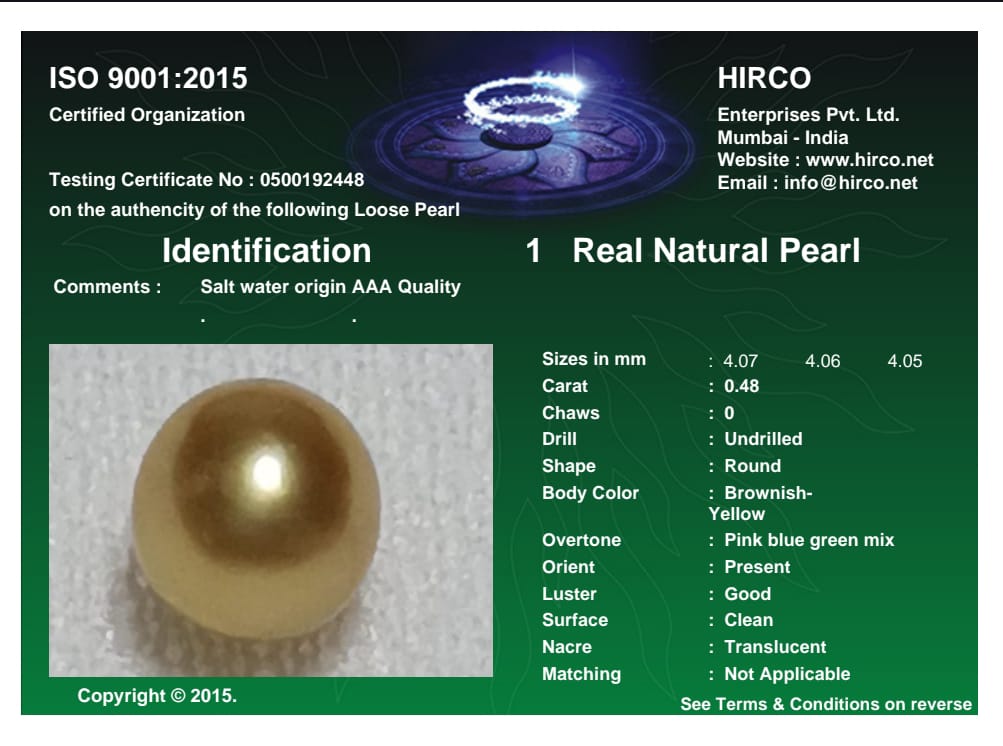 Real Natural Pearl 0.48 Carat Danat Lab Certified 133995/ Hirco Certificate No: 0500192448