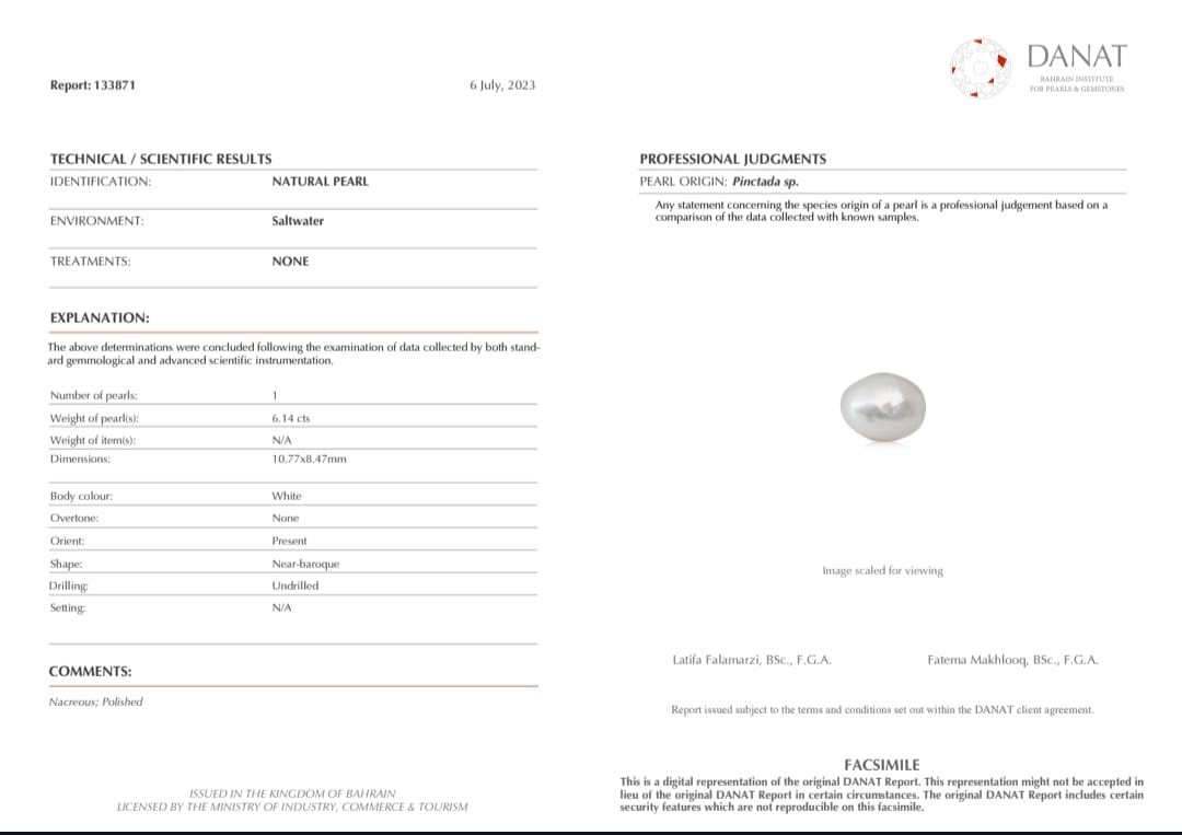 Real Natural Pearl 6.14 Carat Danat Lab Certified 133871/ Hirco Lab Certificate No: 0500012414