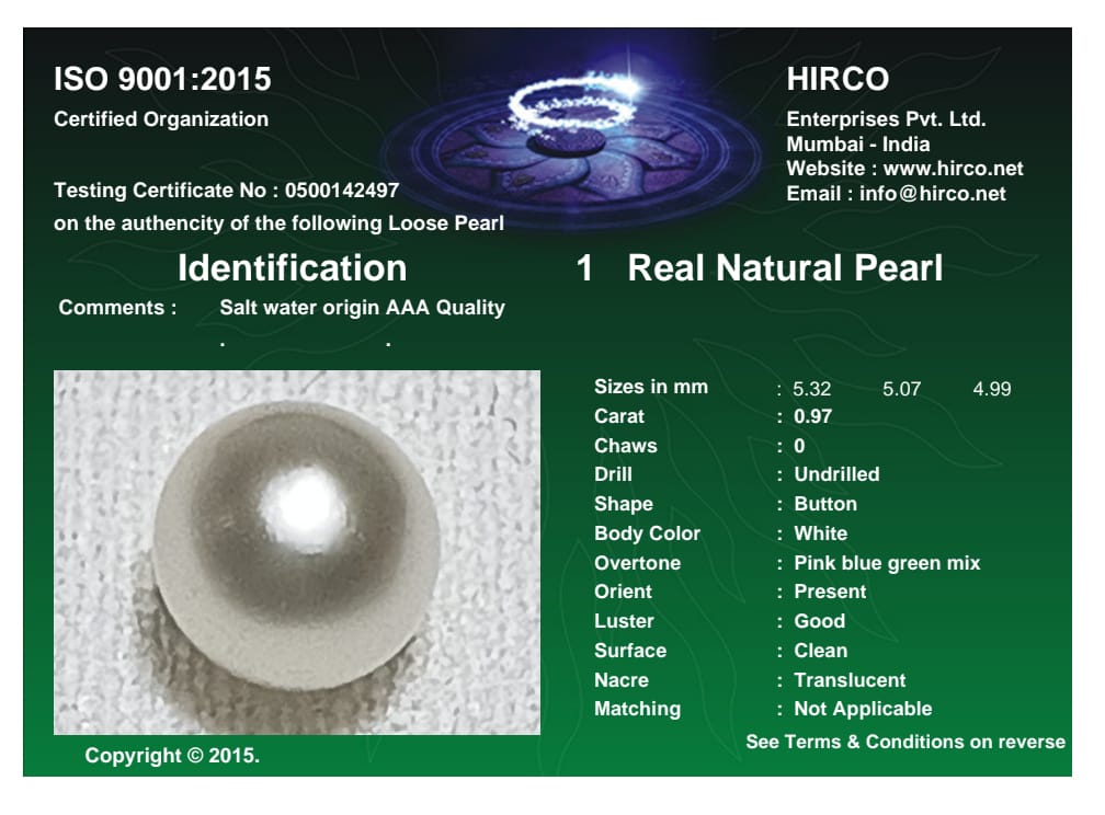 Real Natural Pearl 0.97 Carat Danat Lab Certified 133893/ Hirco Certificate No: 0500142497