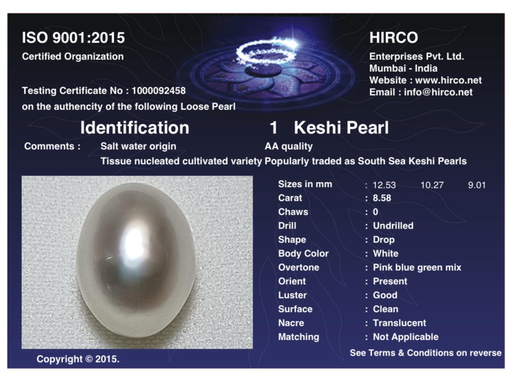 Keshi Pearl 8.58 Carat Saltwater Origin Hirco Lab Certified 1000092458