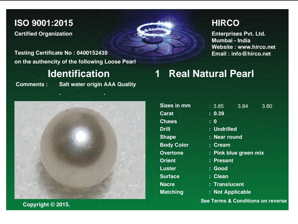 Real Natural Pearl 0.39 Carat Danat Lab Certified 133958/ Hirco Certificate No: 0400152439