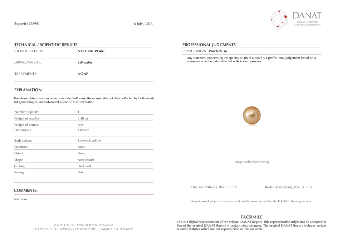 Real Natural Pearl 0.48 Carat Danat Lab Certified 133995/ Hirco Certificate No: 0500192448