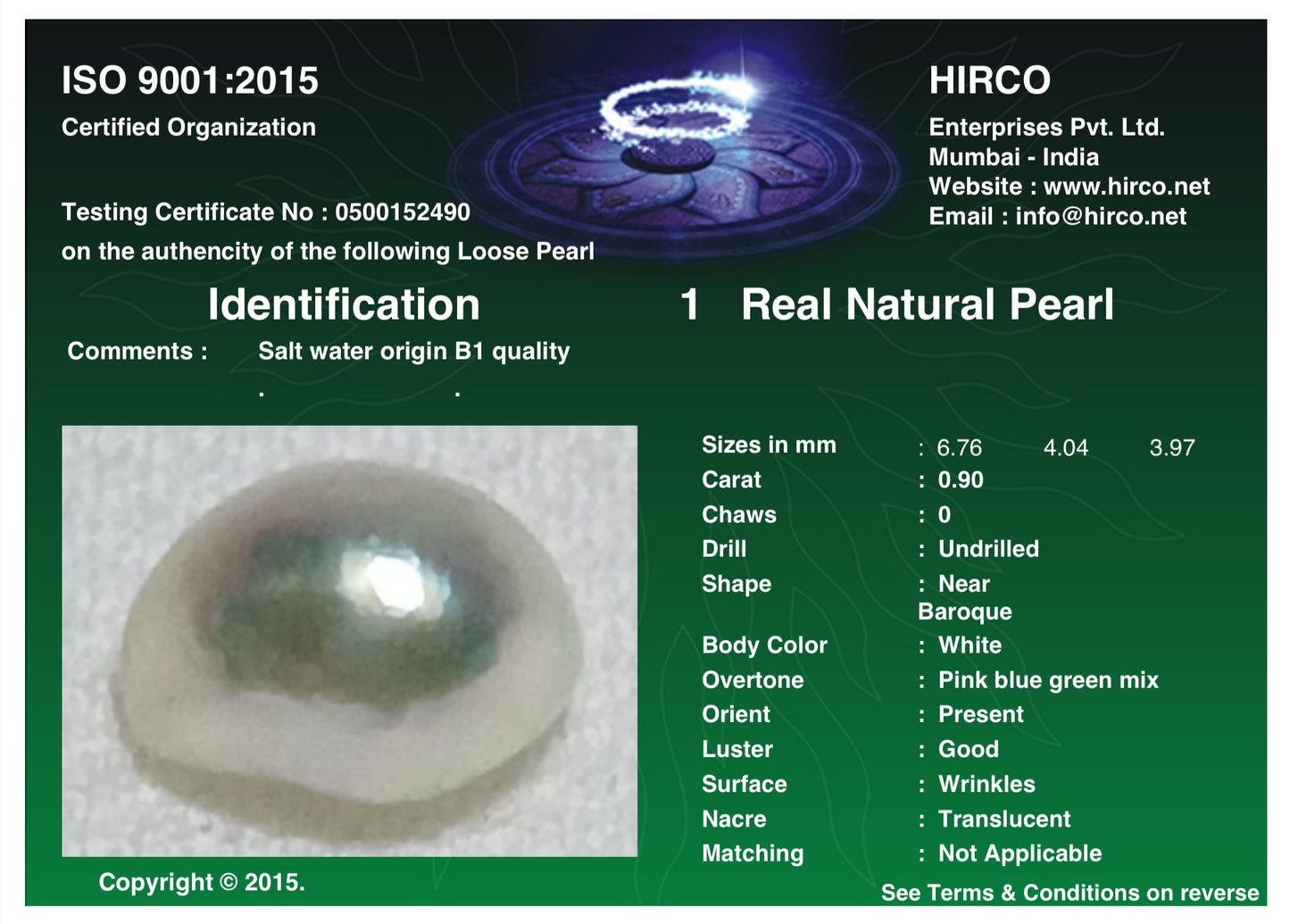 Real Natural Pearl 0.90 Carat Danat Lab Certified 134021/ Hirco Lab Certificate No: 0500152490