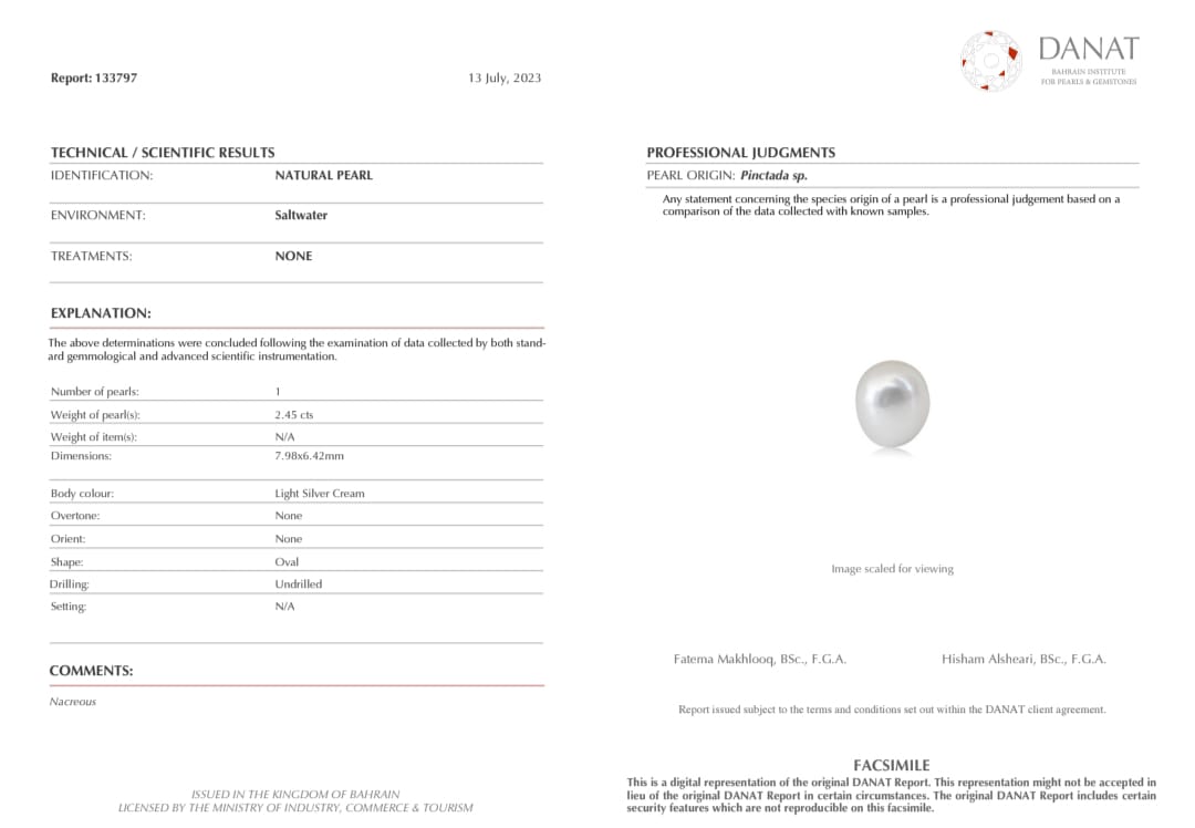 Real Natural Pearl 2.45 Carat Danat Lab Certified 133797/ Hirco Certificate No: 0500082445