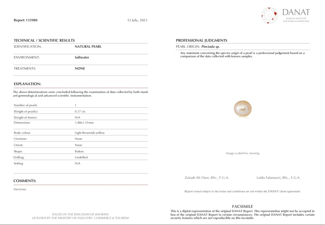 Real Natural Pearl 0.37 Carat Danat Lab Certified 133980/ Hirco Certificate No: 0500072437