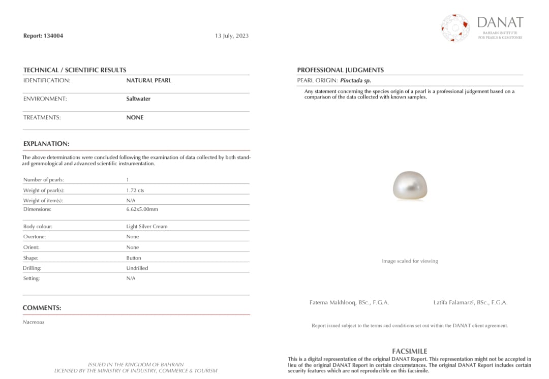 Real Natural Pearl 1.72 Carat Danat Lab Certified 134004/ Hirco Certificate No: 0400062472
