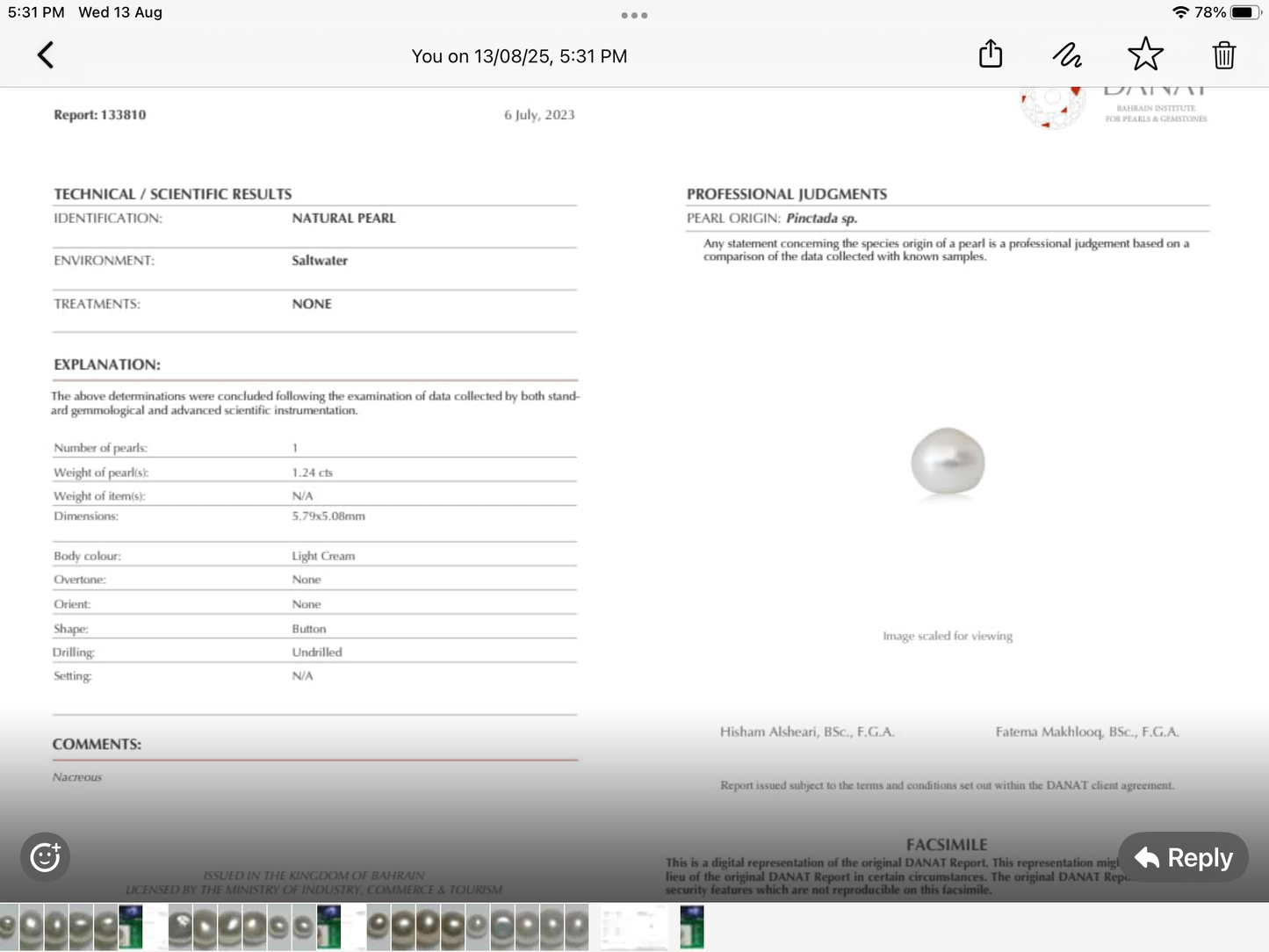 Real Natural Pearl 1.24 Carat Danat Lab Certified 133810/ Hirco Certificate No: 0500102424