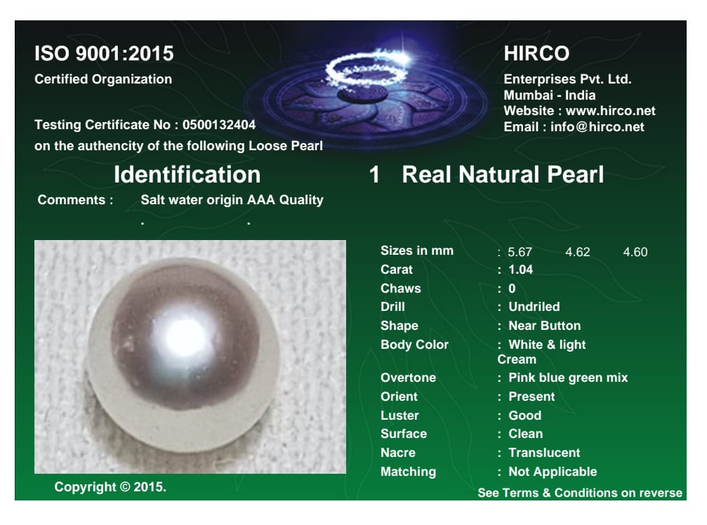 Real Natural Pearl 1.04 Carat Danat Lab Certified 134025/ Hirco Certificate No: 0500132404