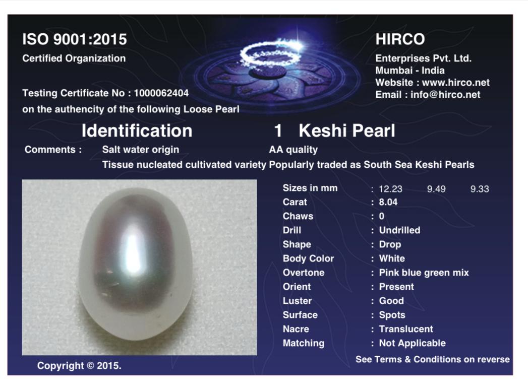 Keshi Pearl 8.04 Carat Saltwater Origin Hirco Lab Certified 1000062404