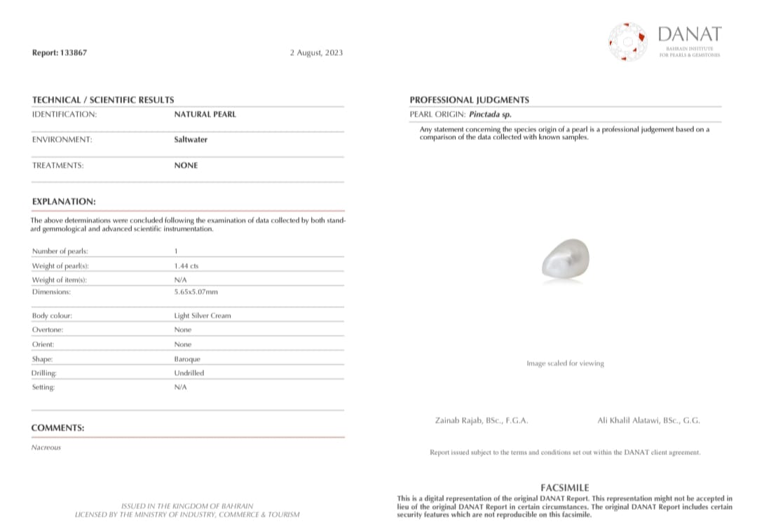 Real Natural Pearl 1.44 Carat Danat Lab Certified 133867/ Hirco Lab Certificate No: 0500112444