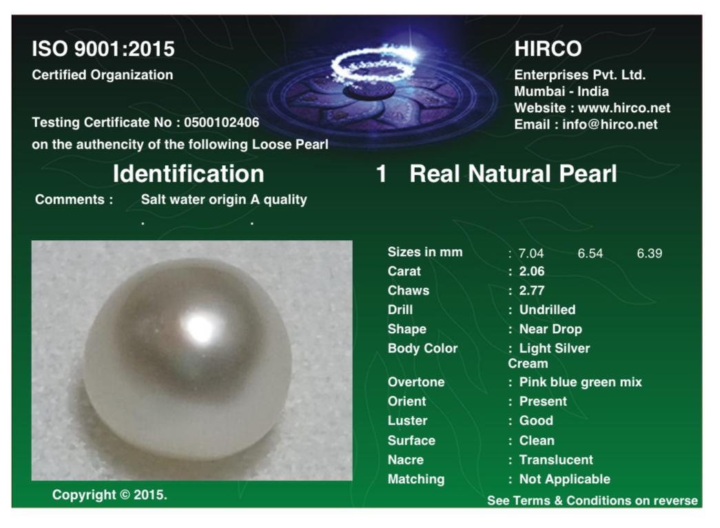 Real Natural Pearl 2.06 Carat Danat Lab Certified 133949/ Hirco Certificate No: 0500102406