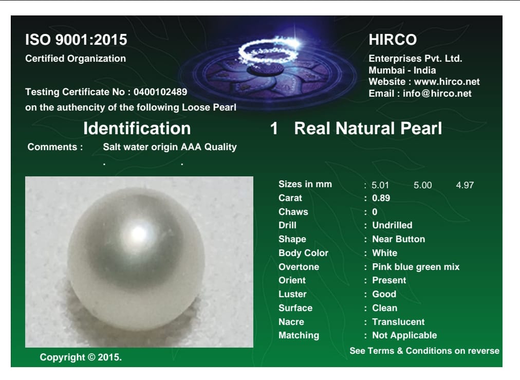 Real Natural Pearl 0.89 Carat Danat Lab Certified 133944/ Hirco Certificate No: 0400102489