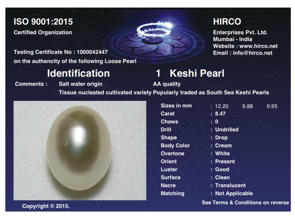 Keshi Pearl 8.47 Carat Saltwater Origin Hirco Lab Certified 1000042447