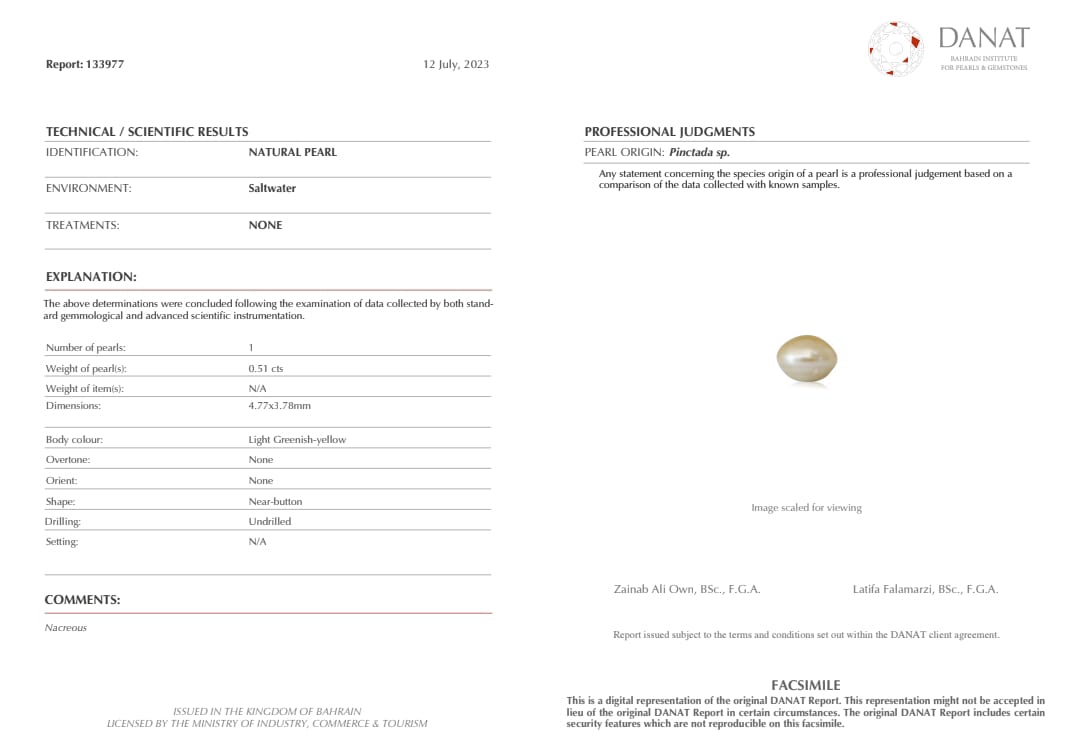 Real Natural Pearl 0.51 Carat Danat Lab Certified 133977/ Hirco Certificate No: 0500042451