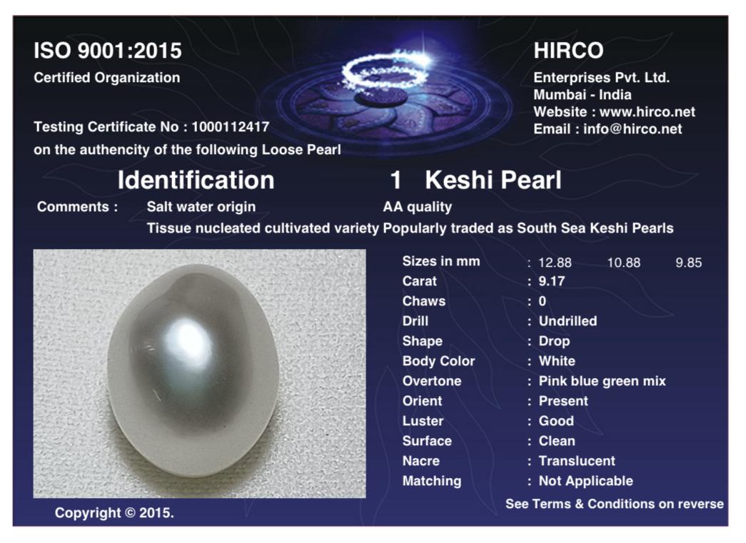 Keshi Pearl 9.17 Carat Saltwater Origin Hirco Lab Certified 1000112417