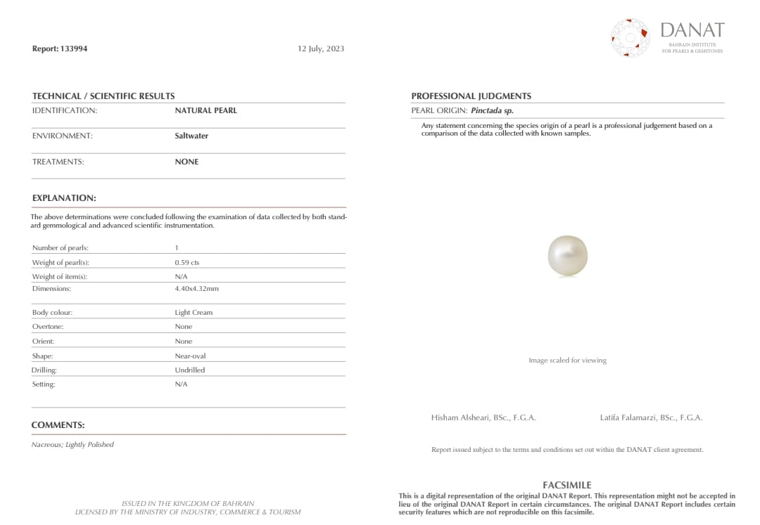 Real Natural Pearl 0.59 Carat Danat Lab Certified 133994/ Hirco Certificate No: 0400122459