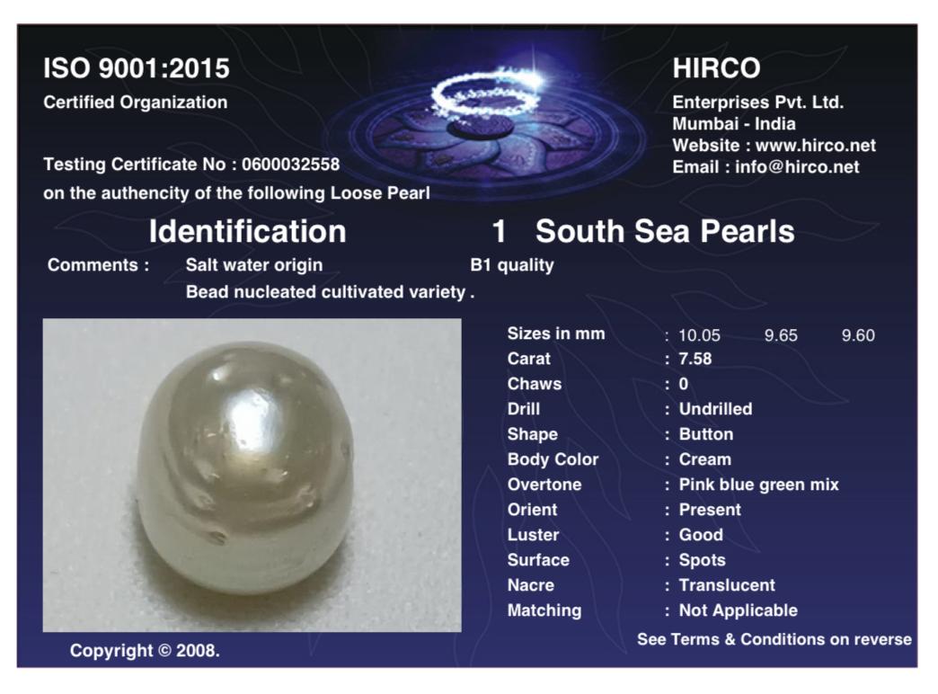 South Sea Pearls 7.58 Carat Hirco Lab Certified 0600032558
