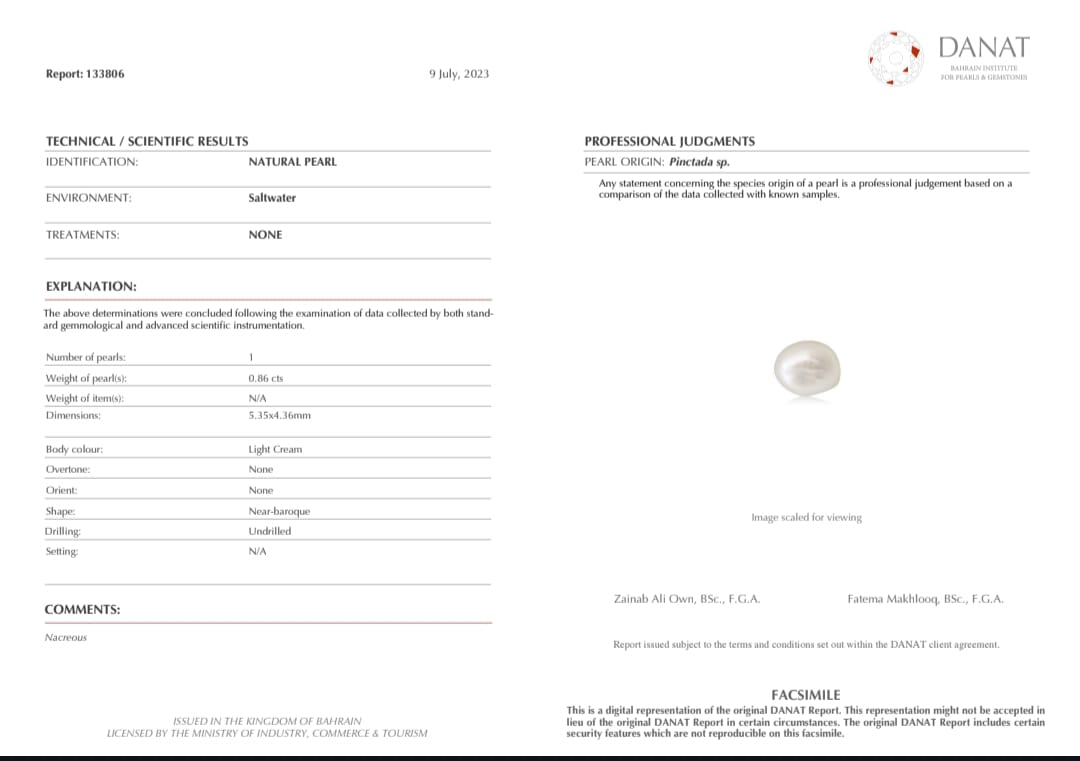 Real Natural Pearl 0.86 Carat Danat Lab Certified 133806/ Hirco Lab Certificate No:0500012486