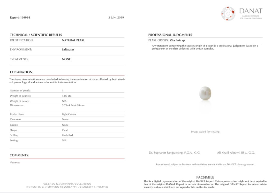 Real Natural Pearl 1.06 Carat Danat Lab Certified 109984