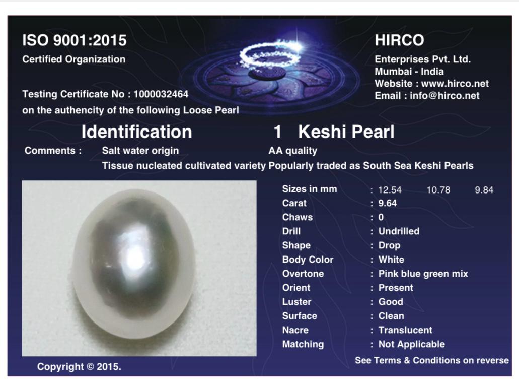 Keshi Pearl 9.64 Carat Saltwater Origin Hirco Lab Certified 1000032464
