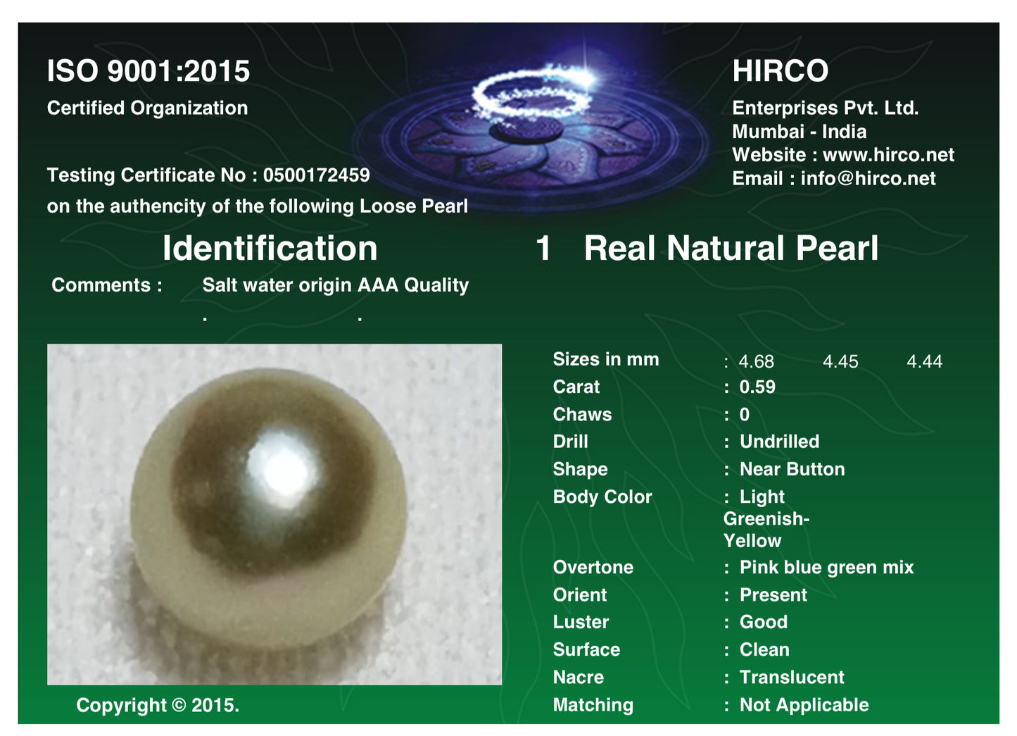 Real Natural Pearl 0.59 Carat Danat Lab Certified 133986/ Hirco Lab Certificate No: 0500172459