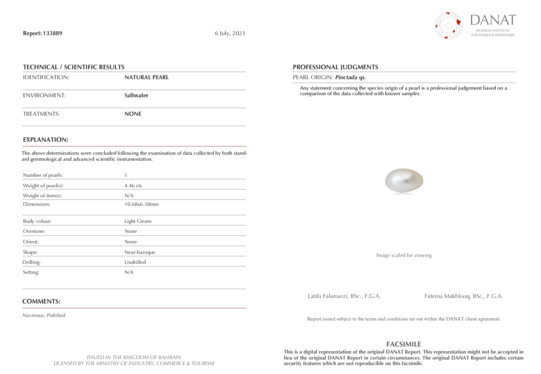 Real Natural Pearl 4.46 Carat Danat Lab Certified 133889/ Hirco Certificate No: 0400032446