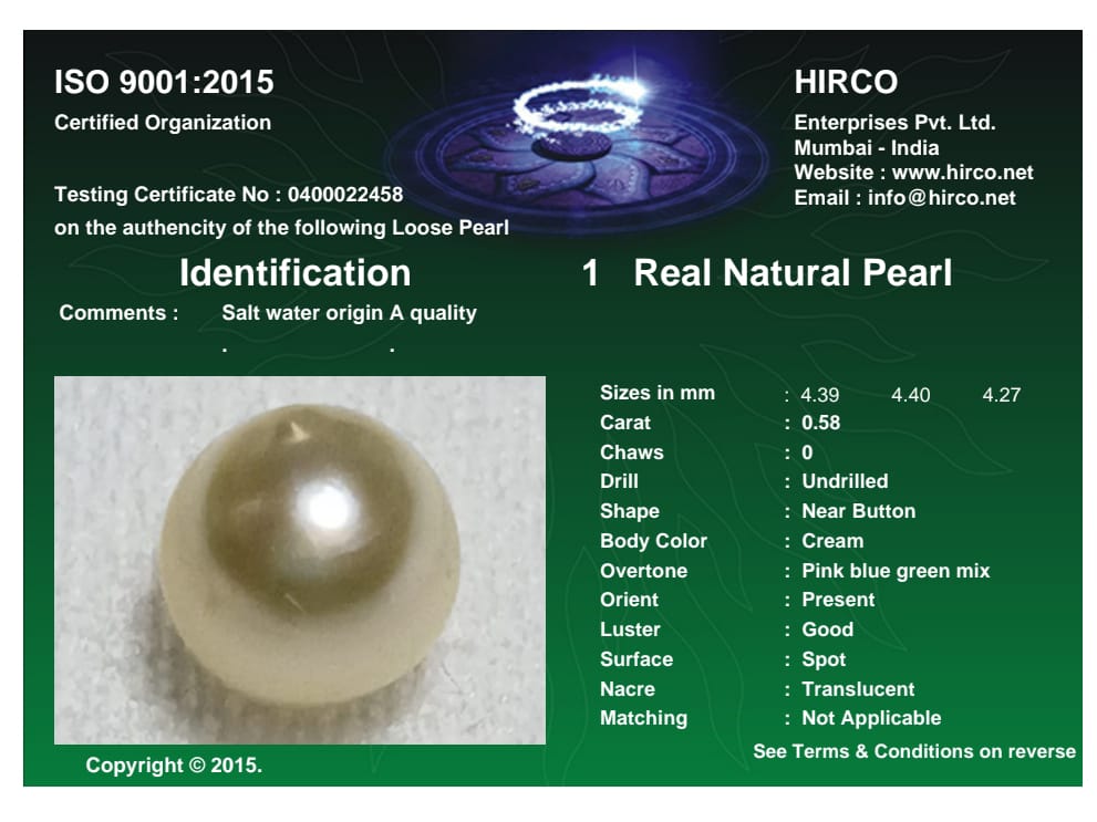 Real Natural Pearl 0.58 Carat Danat Lab Certified 133965/ Hirco Certificate No: 0400022458