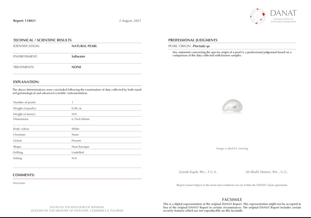 Real Natural Pearl 0.90 Carat Danat Lab Certified 134021/ Hirco Lab Certificate No: 0500152490