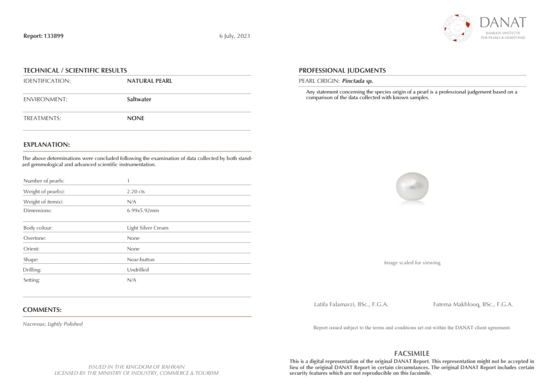 Real Natural Pearl 2.20 Carat Danat Lab Certified 133899/ Hirco Certificate No: 0400072420