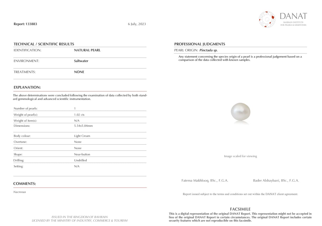 Real Natural Pearl 1.02 Carat Danat Lab Certified 133883/ Hirco Certificate No: 0400122402