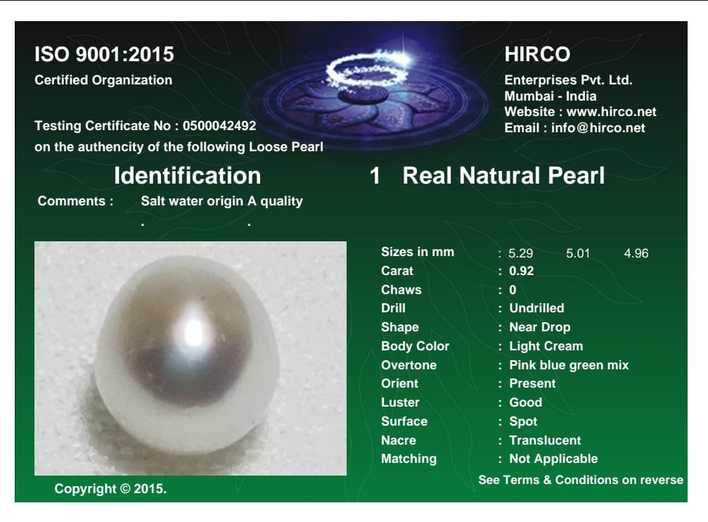 Real Natural Pearl 0.92 Carat Danat Lab Certified 133800/ Hirco Certificate No: 0500042492