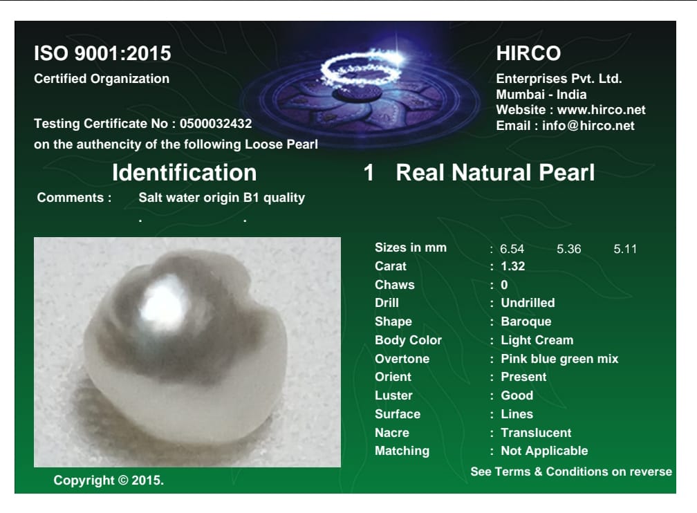 Real Natural Pearl 1.32 Carat Danat Lab Certified 133945/ Hirco Certificate No: 0500032432