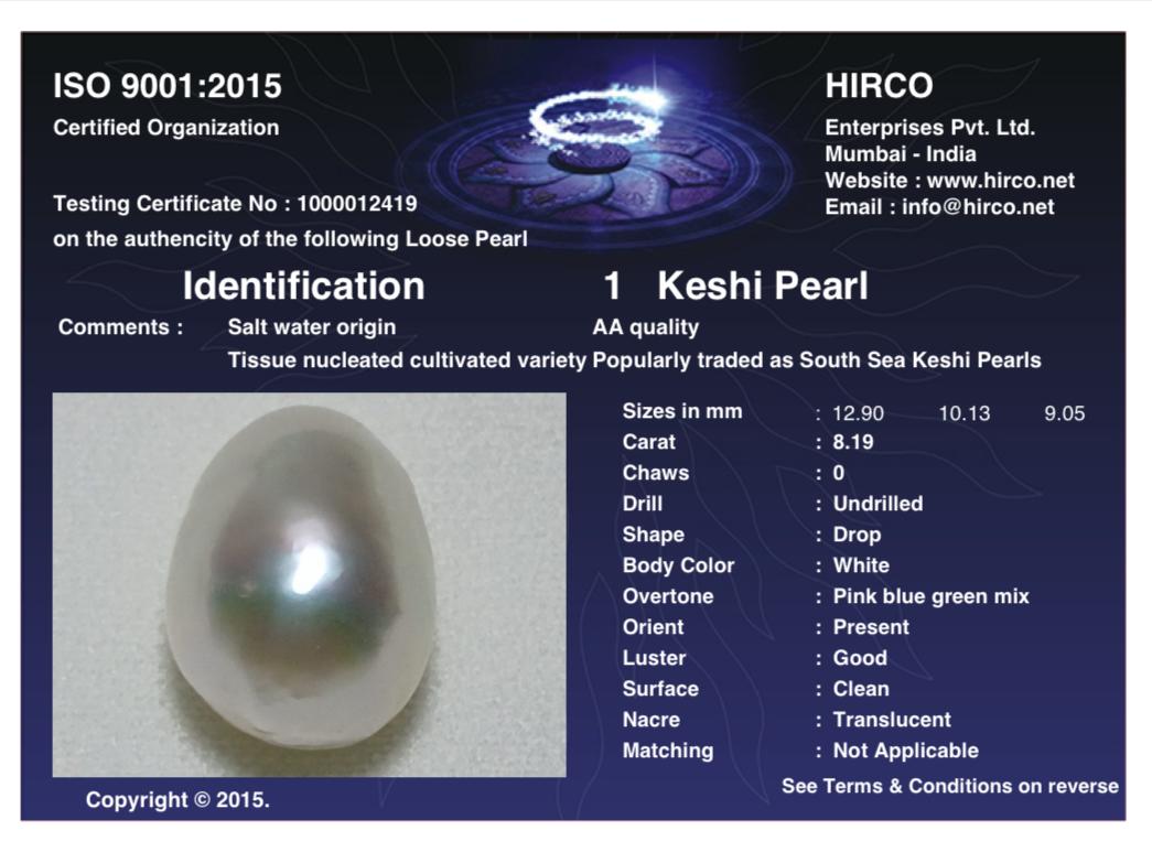 Keshi Pearl 8.19 Carat Saltwater Origin Hirco Lab Certified 1000012419
