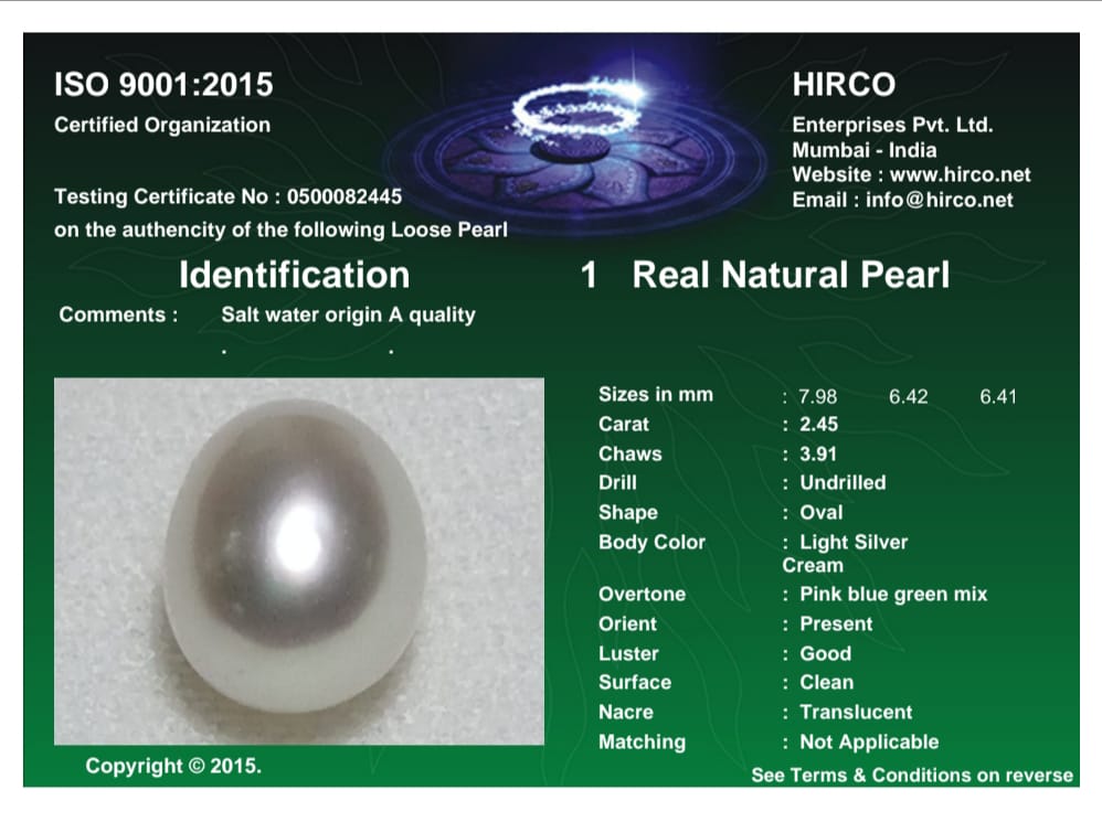 Real Natural Pearl 2.45 Carat Danat Lab Certified 133797/ Hirco Certificate No: 0500082445
