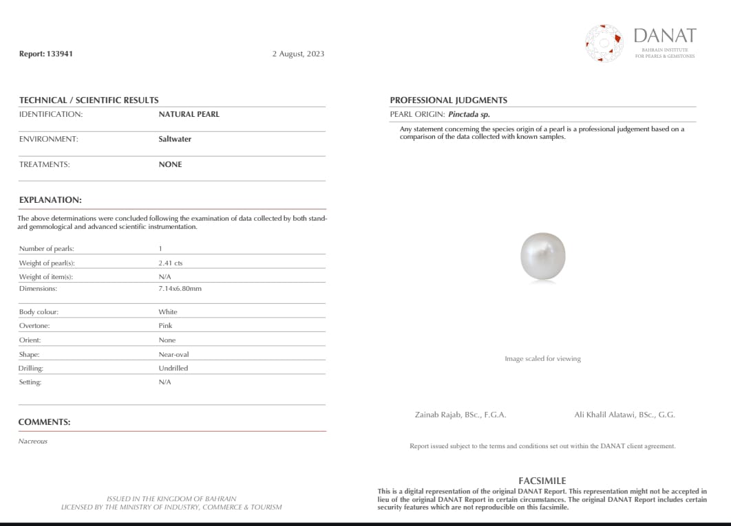 Real Natural Pearl 2.41 Carat Danat Lab Certified 133941/ Hirco Certificate No: 0500182441
