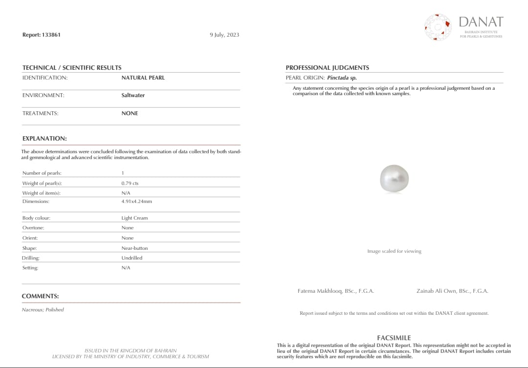 Real Natural Pearl 0.79 Carat Danat Lab Certified 133861/ Hirco Certificate No: 0500152479