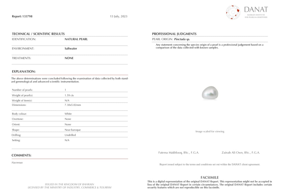 Real Natural Pearl 1.59 Carat Danat Lab Certified 133798/ Hirco Lab Certificate No: 0500102459