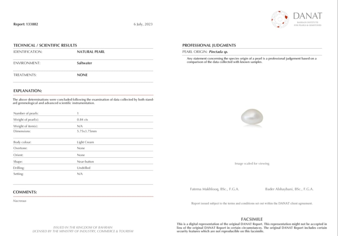 Real Natural Pearl 0.84 Carat Danat Lab Certified 133882/ Hirco Certificate No: 0400132484