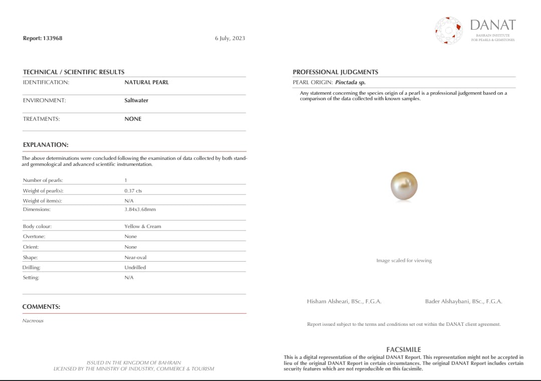 Real Natural Pearl 0.37 Carat Danat Lab Certified 133968/ Hirco Certificate No: 0500062437