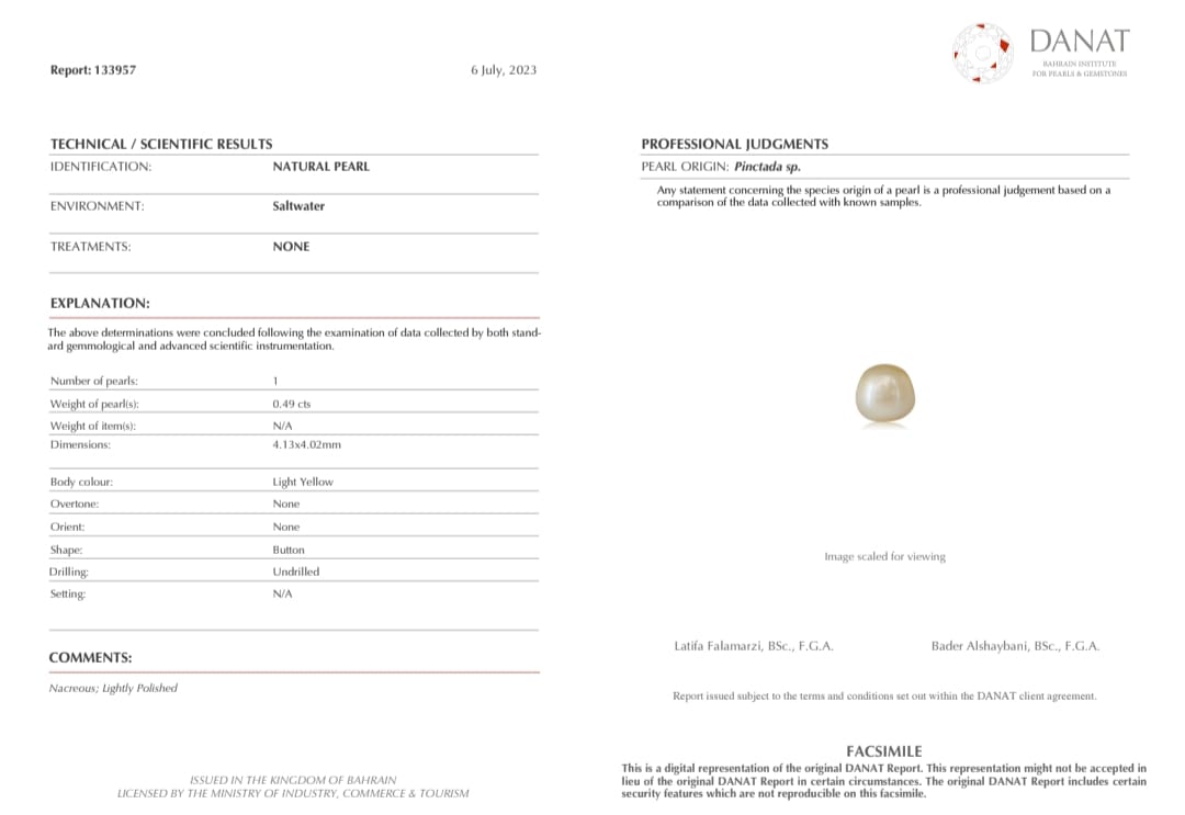 Real Natural Pearl 0.49 Carat  Danat Lab Certified 133957/ Hirco Lab Certificate No: 0500032449