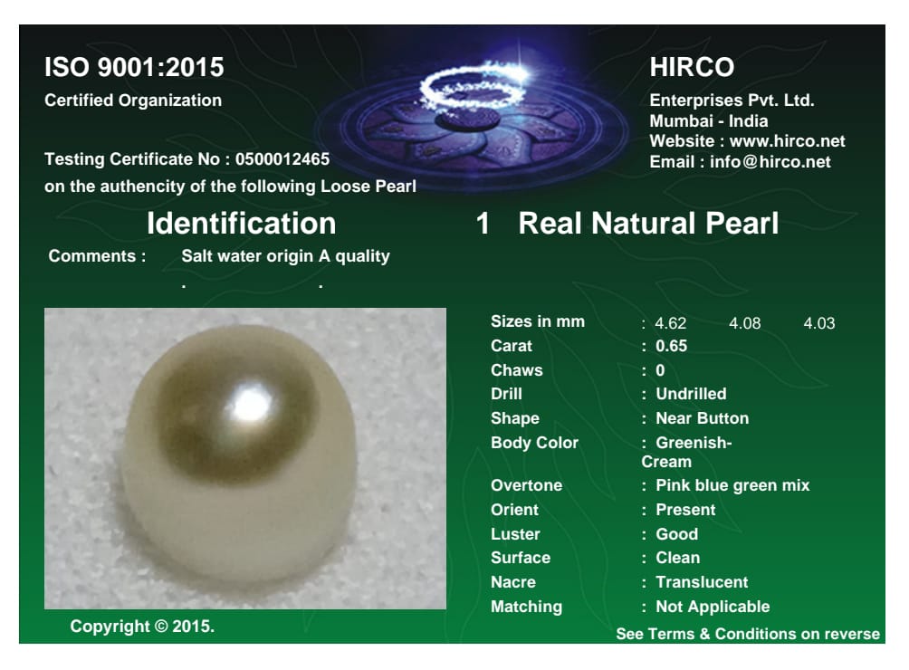 Real Natural Pearl 0.65 Carat Danat Lab Certified 133988/ Hirco Certificate No: 0500012465