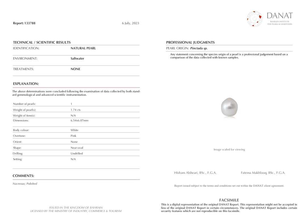 Real Natural Pearl 1.74 Carat Danat Lab Certified 133788/ Hirco Certificate No: 0500172474