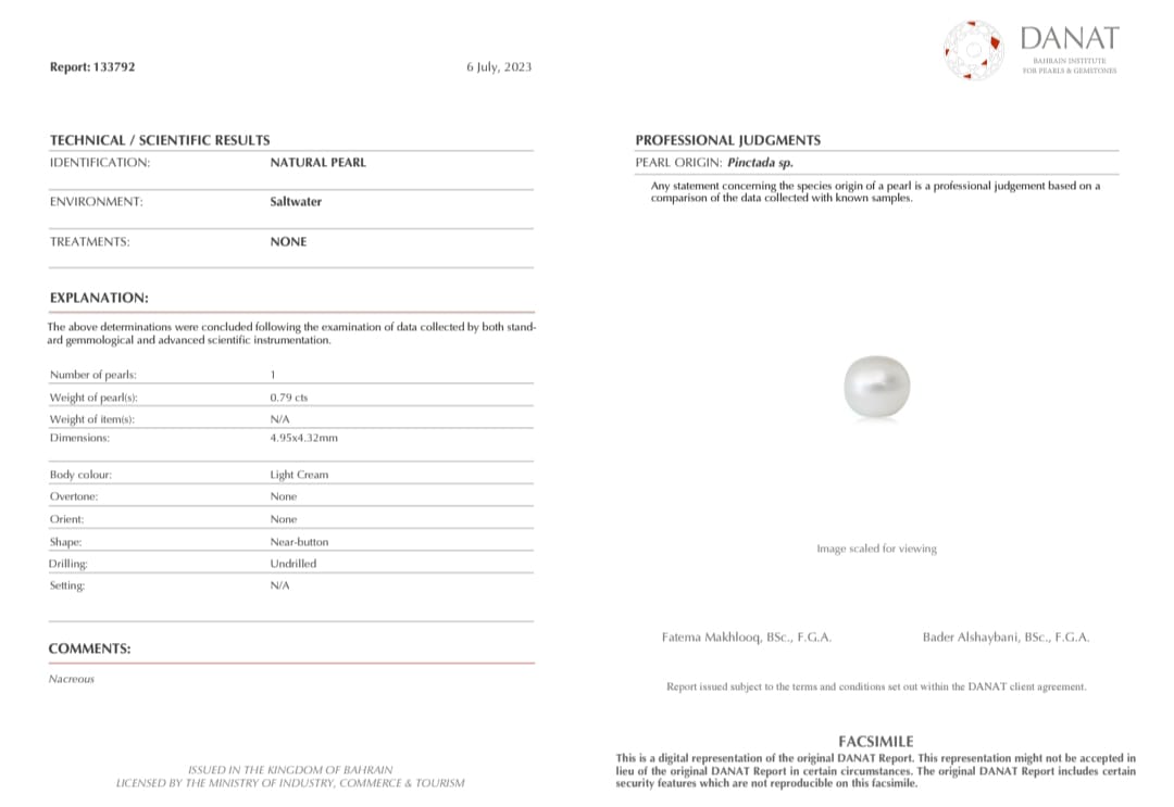 Real Natural Pearl 0.79 Carat Danat Lab Certified 133792/ Hirco Certificate No: 0400022479