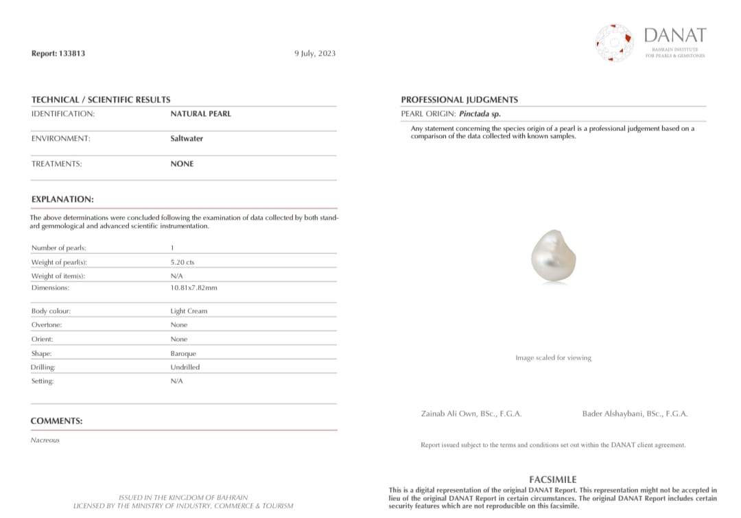 Real Natural Pearl 5.20 Carat Danat Lab Certified 133813/ Hirco Lab Certificate No: 0500022420