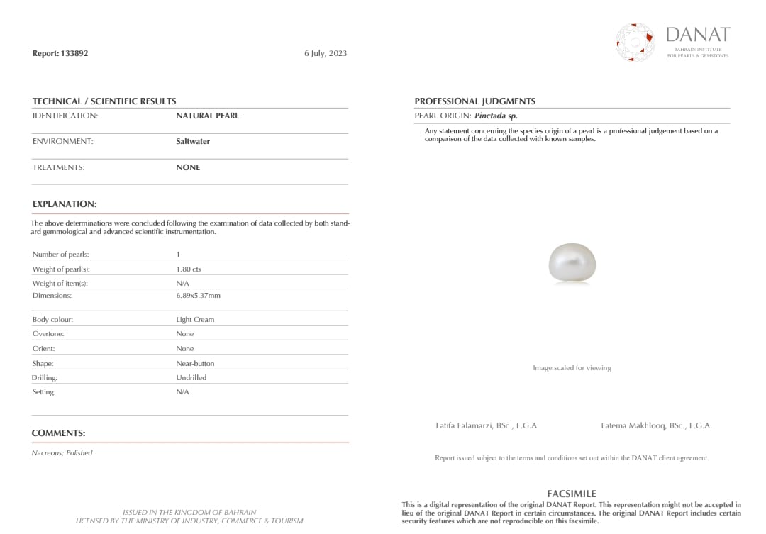 Real Natural Pearl 1.80 Carat Danat Lab Certified 133892/ Hirco Certificate No: 0400062480